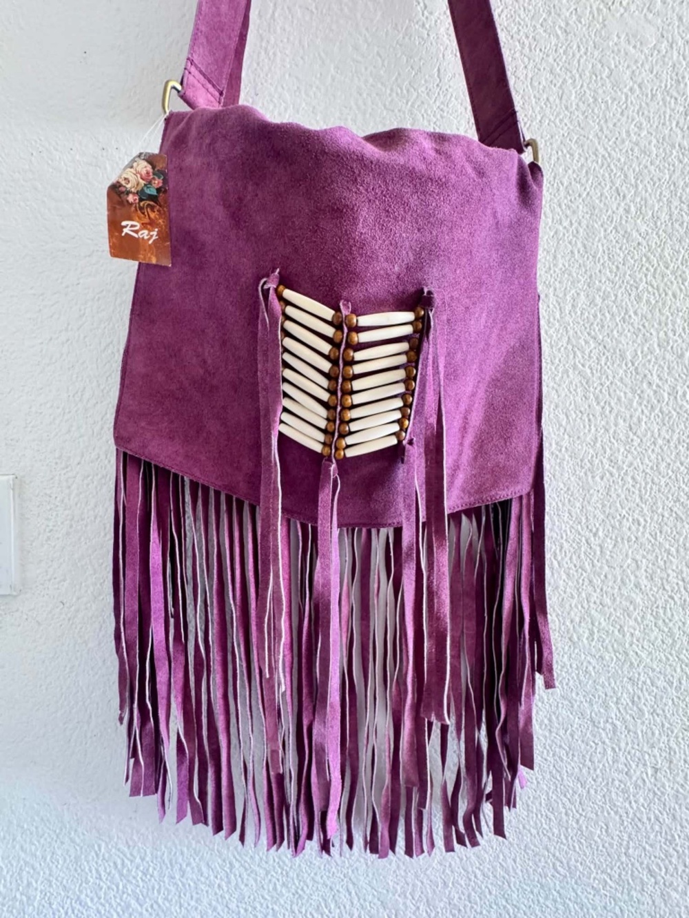 NWT Raj Purple Suede Fringe Beaded Boho Shoulder Messenger Bag